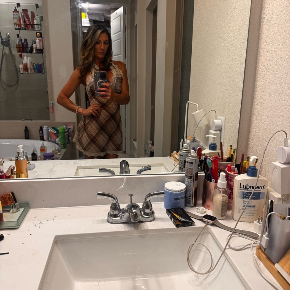 Lioness Beige and Brown Plaid Chemise with Lace